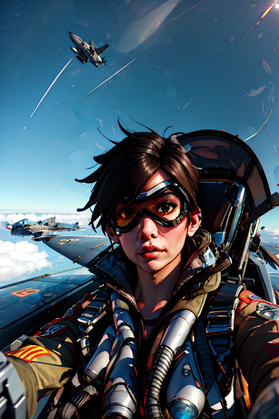 <lora:yomama_fighter_jet_pilot_selfie_v2-10:0.85>yomama_fighter_jet_pilot_selfie_v2, 1girl, clouds, sky, jet, <lora:tracerLast:0.75> tracer, bomber jacket,, goggles