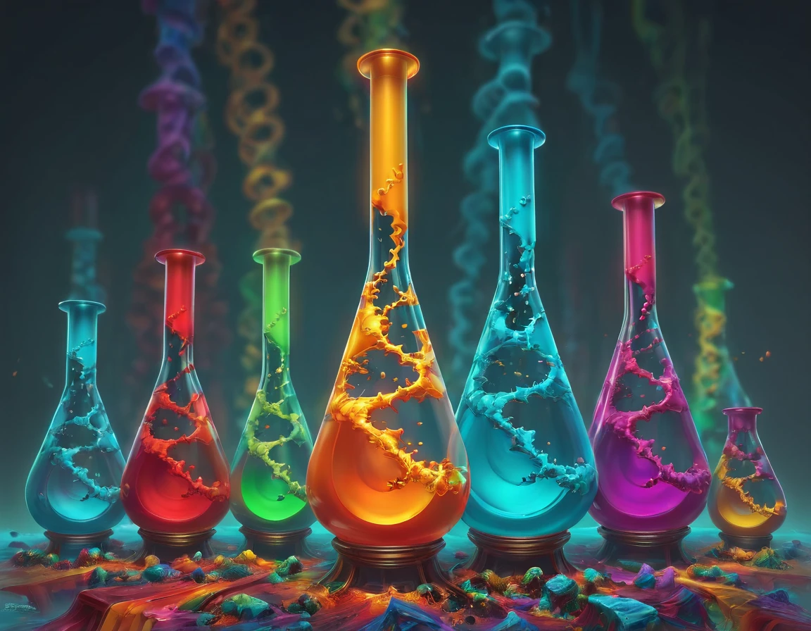 "concept art (DNA erlenmeyer, beaker, test tube, colorful liquids :0.5) m3d . digital artwork, illustrative, painterly, matte painting, highly detailed", "(DNA erlenmeyer, beaker, test tube, colorful liquids :0.5) m3d, extremely detailed, digital painting, in the style of fenghua zhong and ruan jia and jeremy lipking and peter mohrbacher, mystical colors, rim light, beautiful lighting, 8 k, stunning scene, raytracing, octane, trending on artstation"