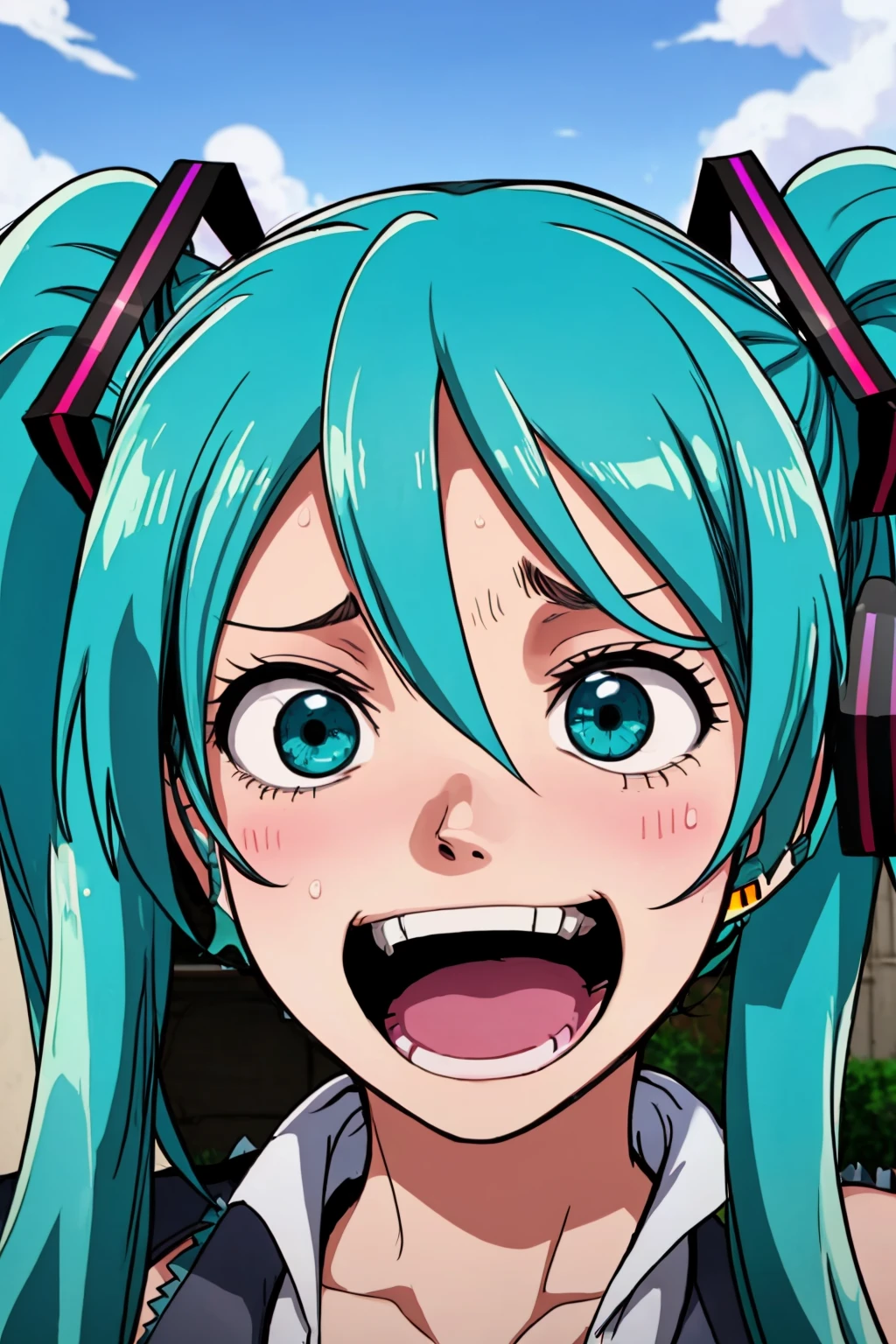 <lora:enelface-v1-000040:1> (enelface:1.2), 1girl, solo,surprised, bulging eyes, snot,scared,outdoors,hatsune miku, twintails, aqua hair,