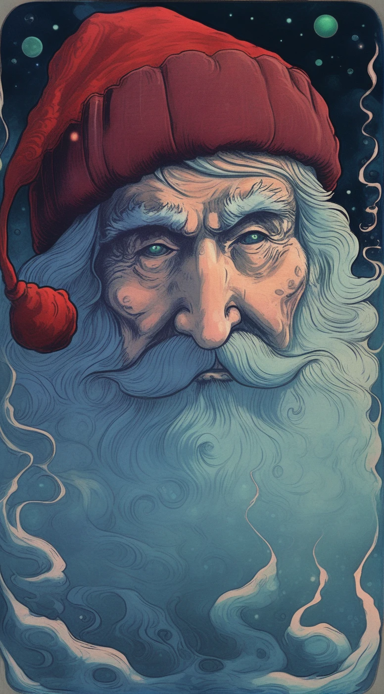 drawix4 old man, Santa Claus, in a hat, visible on his gloomy sad face, dark and mysterious world unfolds, enigmatic dreamscape surrealistic <lora:drawix4:1>