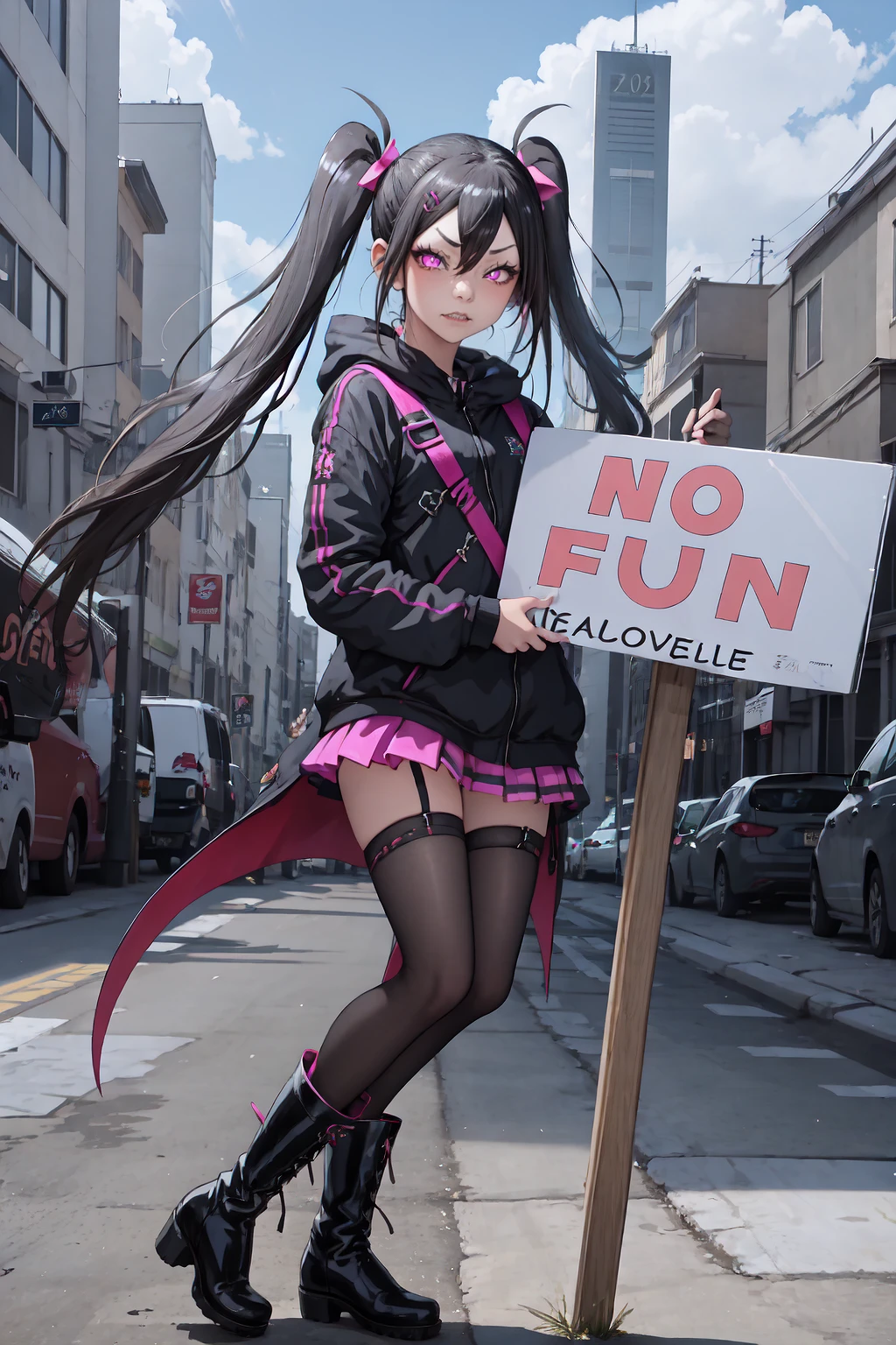 1girl, IncrsNFAMeme, sign, <lora:NoFunAllowedMemeV2:1>, jeloyuukinanase, pink eyes, (bright pupils), hair ornament, hairclip, hair ribbon, sharp teeth, twintails, boots, <lora:Char_OC_YuukiNanase:0.9>