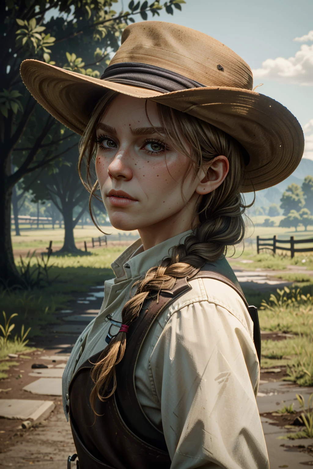 ((ultra detailed, masterpiece, best quality))
<lora:RDR2Sadie:0.8>
RDR2Sadie, 1girl, solo, blonde hair, portrait, countryside, braid