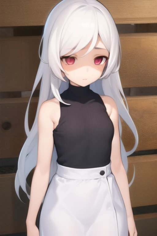 1girl, solo, masterpiece, <lora:yanderev2:0.75>, yandere, shaded face, empty eyes, cowboy shot, long hair, white hair,