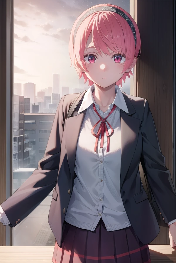 renanatsukawa, <lora:rena natsukawa manga-lora-nochekaiser:1>,
rena natsukawa, short hair, hairband, pink hair, (red eyes:1.3), red hairband,
BREAK skirt, shirt, jacket, collared shirt, neck ribbon, jacket on shoulders, white shirt, cardigan, blue cardigan, blue jacket,
BREAK indoors, classroom,
BREAK looking at viewer, (cowboy shot:1.5),
BREAK <lyco:GoodHands-beta2:1>, (masterpiece:1.2), best quality, high resolution, unity 8k wallpaper, (illustration:0.8), (beautiful detailed eyes:1.6), extremely detailed face, perfect lighting, extremely detailed CG, (perfect hands, perfect anatomy),