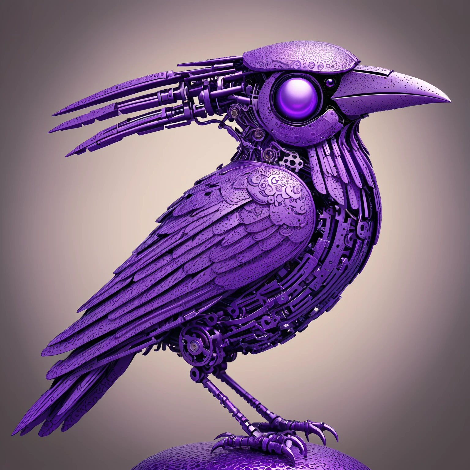 Dystopian style Pointillism style purple mechanical crow, . Composed entirely of small . Bleak