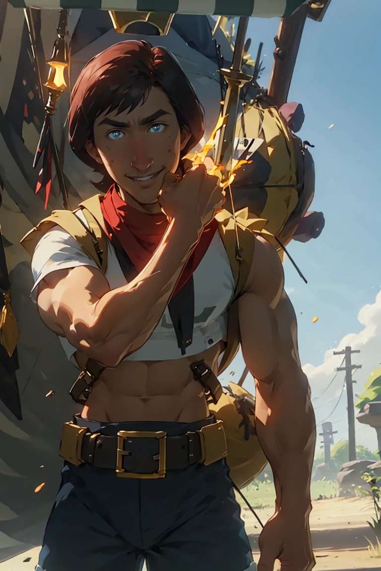 ((masterpiece,best quality)), 
extremely macular, big biceps, 
<lora:Beedle_Zelda:0.8>, Beedle_Zelda, white shirt, 
solo, smiling, looking at viewer, cowboy shot,
<lora:r1ge - AnimeRage:0.5>, r1ge, blue aura, electricity