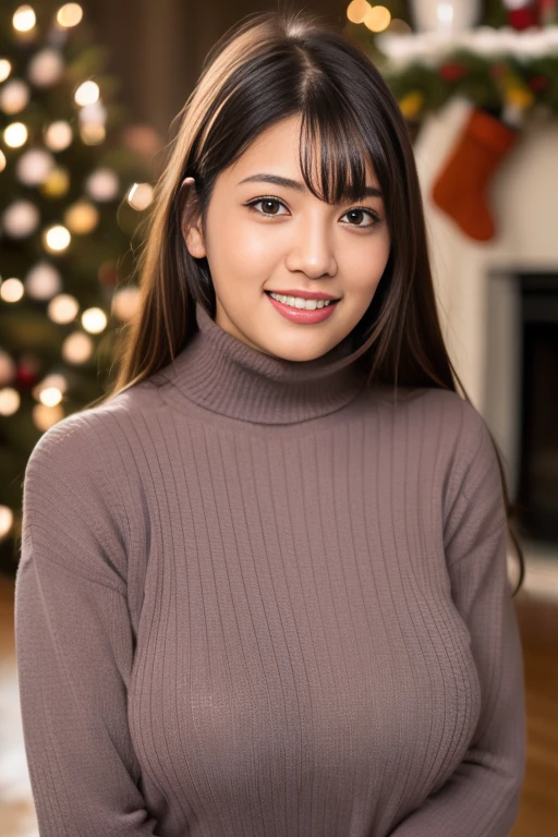 1girl,(wearing a turtleneck sweater),(winter jacket),(RAW photo, best quality), (realistic, photo-realistic:1.4), masterpiece, an extremely delicate and beautiful, extremely detailed, 2k wallpaper, Amazing, finely detail, extremely detailed CG unity 8k wallpaper, ultra-detailed, highres, soft light, beautiful detailed girl, extremely detailed eyes and face, beautiful detailed nose, beautiful detailed eyes,cinematic lighting,snow scenery,fireplace,(christmas tree,christmas decorations),snow mountain,perfect anatomy,slender body,smile,<lora:fujinoaoi_lora:0.8>,full body