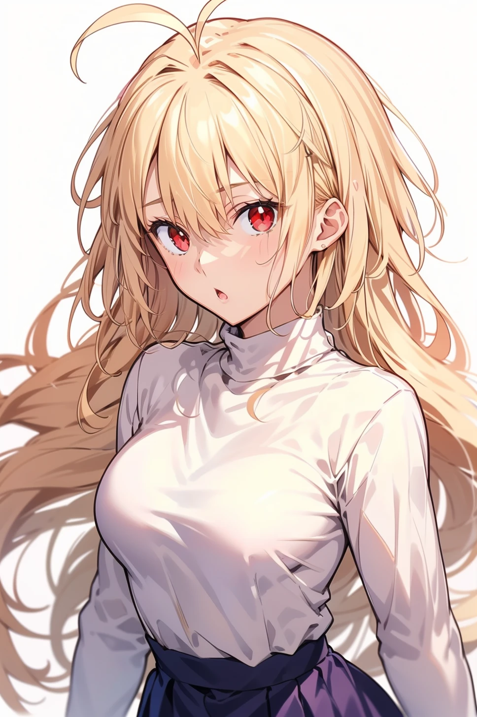 arcueid, blonde hair, red eyes, long hair, very long hair, bangs, ahoge, sidelocks, long skirt, purple skirt, skirt, sweater, turtleneck, white sweater, looking at viewer, :o, white background, 