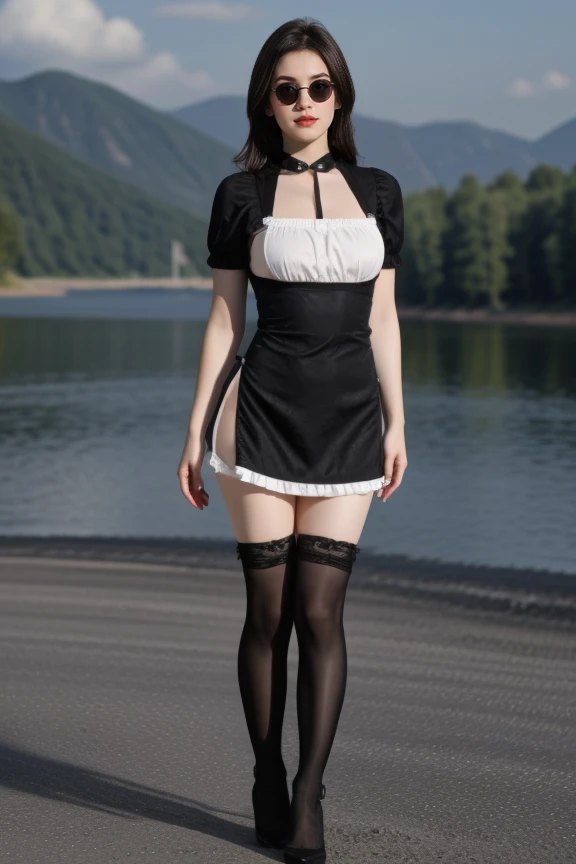 1 girl, detailed, beautiful, cute, full body shot, scenic view, professional photo
<lora:Sexy Apron By Stable Yogi:0.8> black cross laced apron, side slit, frills, thighhighs, sunglasses