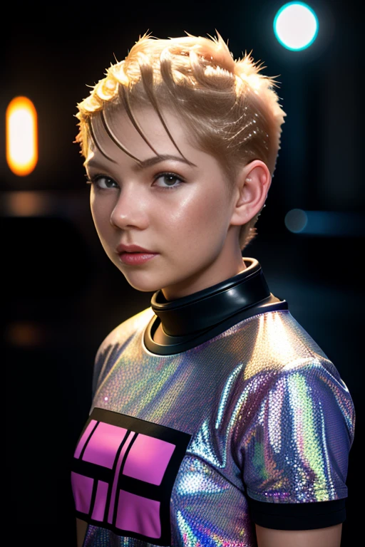 mich3113wi11am5, blonde hair, (short pixie haircut:1.5), hazel eyes, wearing holographic cyberpunk clothing, surrounded by neon-lit cityscape reflections, vray render, ray tracing, subsurface scattering, by Josan Gonzalez and Liang Mark (upper body shot), (looking at viewer:1.3), (hyper realistic:1.3), (portrait:1.2), highly detailed eyes, (highly detailed skin:1.3), (freckles:0.6), pores, (4k), back lit, rim light, <lora:Michelle_Williams_PMv1_Lora:1.3>,