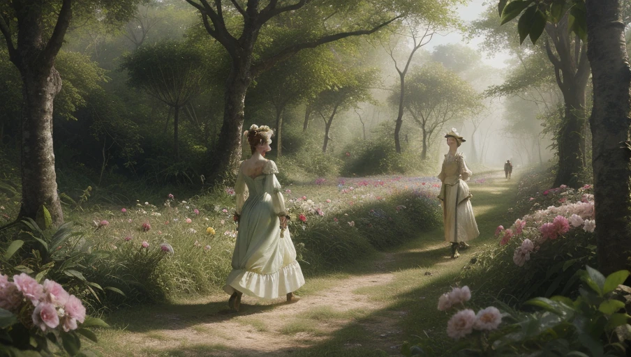 a woman walking through a jungle, (mantoinette1:0.8), colorful flowers, lush
