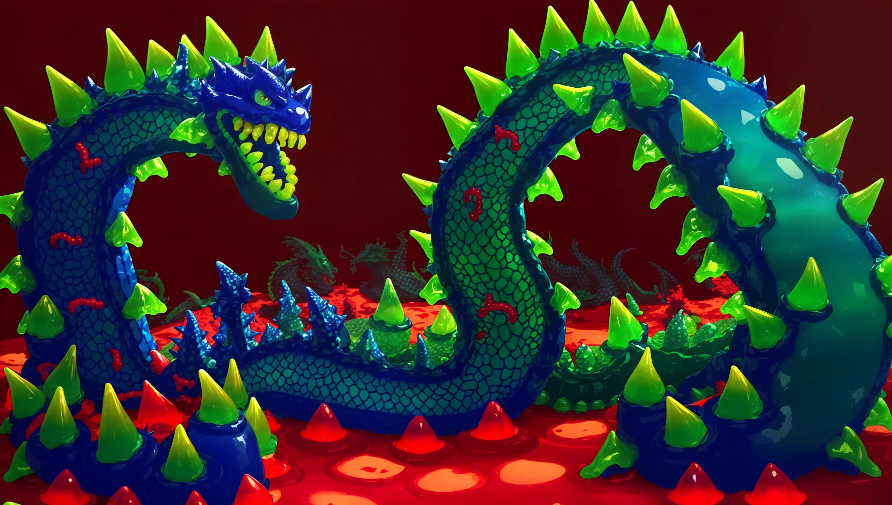 <lora:Jello:0.2> Jello dragon, (((1 dragon made of jelly))) (((spikes made of red jello))), (((teeth made of blue jello))), (((scales made of yellow and green jello))),