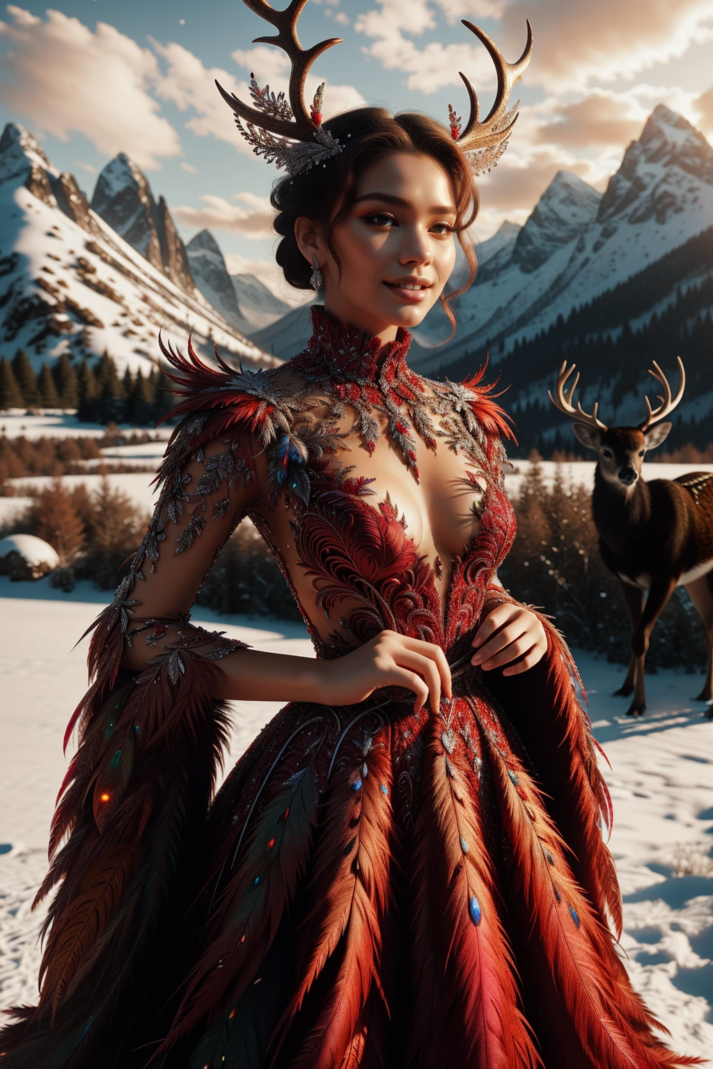 ((Masterpiece, best quality,edgQuality)),smiling,excited, 1girl,solo,standing,posing,(snowy mountain background)
edgPlume,a woman in a red dress,with feathers ,wearing edgPlume_(feather robe),((turtleneck)),((deer antlers))
<lora:edgPlume:1>