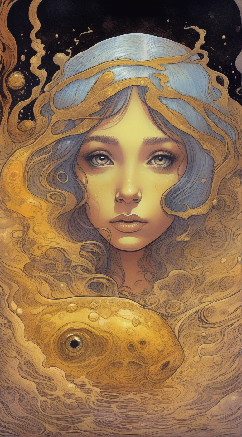 drawix4 In the depths of the amber, a dark and mysterious world unfolds, where a surreal death girl with eyes of liquid gold wanders, lost in the amber's enigmatic dreamscape surrealistic <lora:drawix4:1>