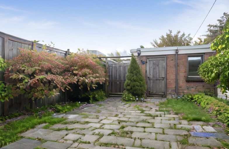 a back garden patio and wooden fence with rose bushes and shrubberies, red brick shed, grass patch garden, high res<lora:Grienden_Style:0.7>