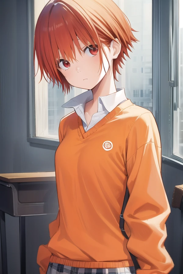 tomonanba, <lora:tomo nanba manga-lora-nochekaiser:1>,
tomo nanba, short hair, (red hair:1.5), (red eyes:1.3),
BREAK skirt, plaid, plaid skirt, sweater, long sleeves, shirt, white shirt, collared shirt, (orange sweater:1.5),
BREAK indoors, classroom,
BREAK looking at viewer, (cowboy shot:1.5),
BREAK <lyco:GoodHands-beta2:1>, (masterpiece:1.2), best quality, high resolution, unity 8k wallpaper, (illustration:0.8), (beautiful detailed eyes:1.6), extremely detailed face, perfect lighting, extremely detailed CG, (perfect hands, perfect anatomy),
