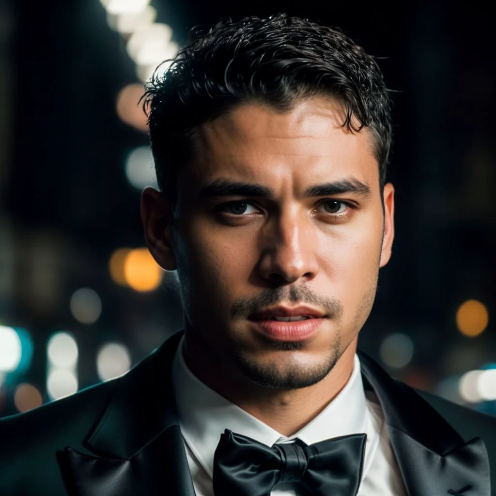 face portrait of renegonzalez person using a tuxedo, in blade runner, professional photography, high resolution, 4k, detailed photo, <lora:renegonzalez_49500:1>