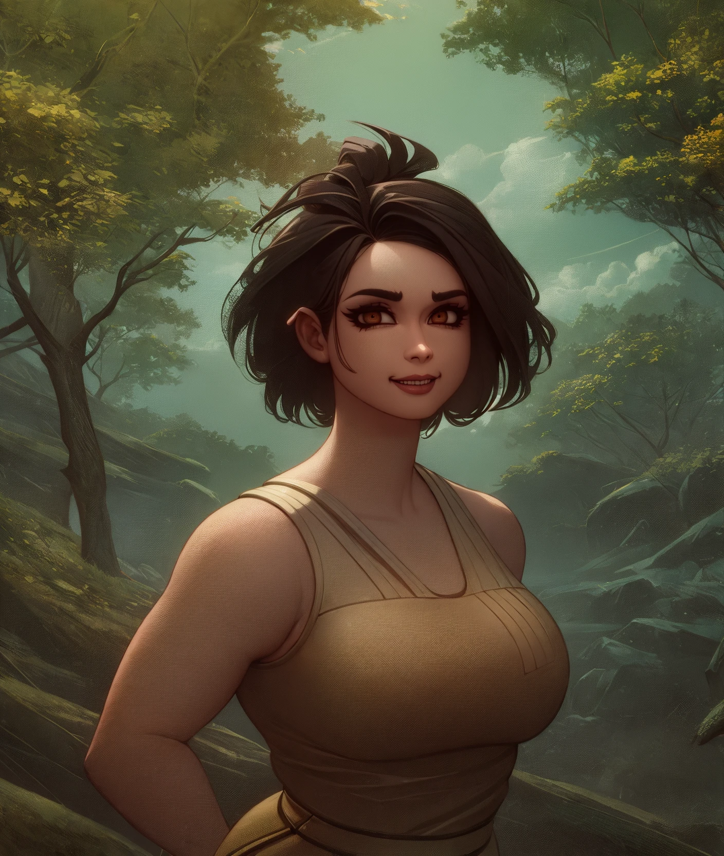 (high_aesthetic:1.2), art by tashoelle, art by kipteitei, beach, (Briton Rivière art style),
plump, masterpiece, impressionism, 1girl, (solo), mature female, dress, cloud, sky, forest, (upper body), looking at viewer, smile, arms behind back, short hair