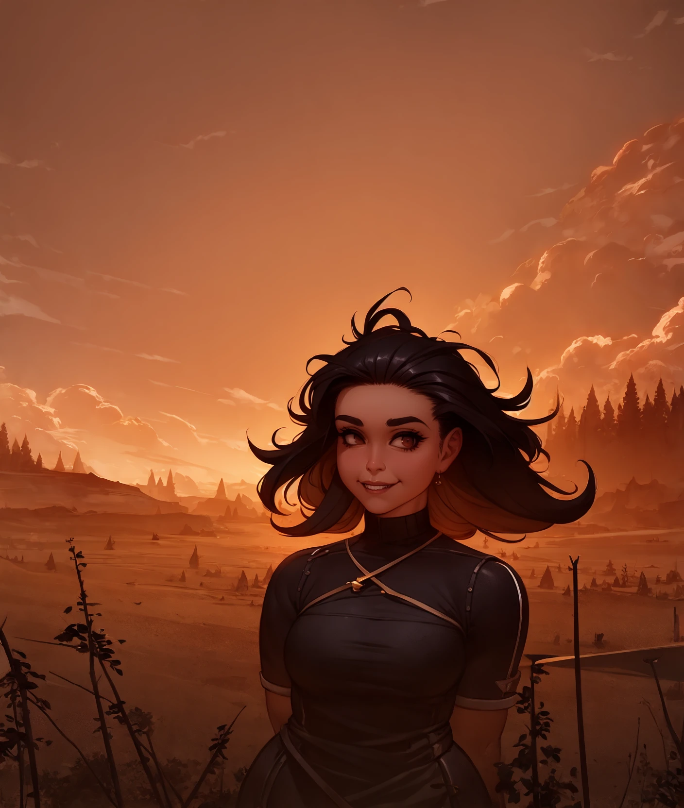 (high_aesthetic:1.2), art by tashoelle, art by kipteitei, beach, (Alexandr Averin art style),
plump, masterpiece, impressionism, 1girl, (solo), mature female, dress, cloud, sky, forest, (upper body), looking at viewer, smile, arms behind back, messy hair