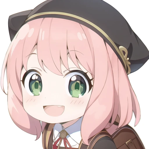 anya \(spy x family\), 1girl, pink hair, solo, female child, school uniform, green eyes, smile, bag, backpack, hat, white background, eden academy school uniform, simple background, open mouth, meme, bangs, randoseru, looking at viewer, smugdress,<lora:anya1.5v1:1>