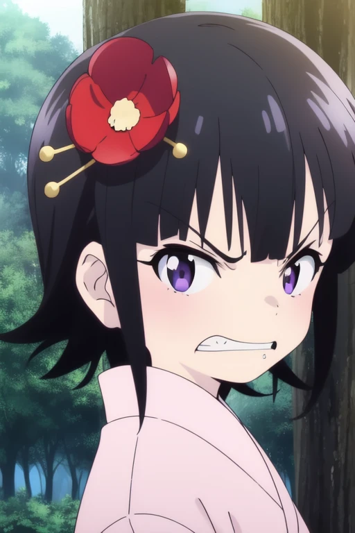 <lora:Suzu:1> Suzu, hair ornament, 1girl, soro,
japanese clothes, purple eyes, black hair, kimono, hair flower, flower, anime coloring, clenched teeth, teeth, short hair, tree, angry, outdoors, forest
