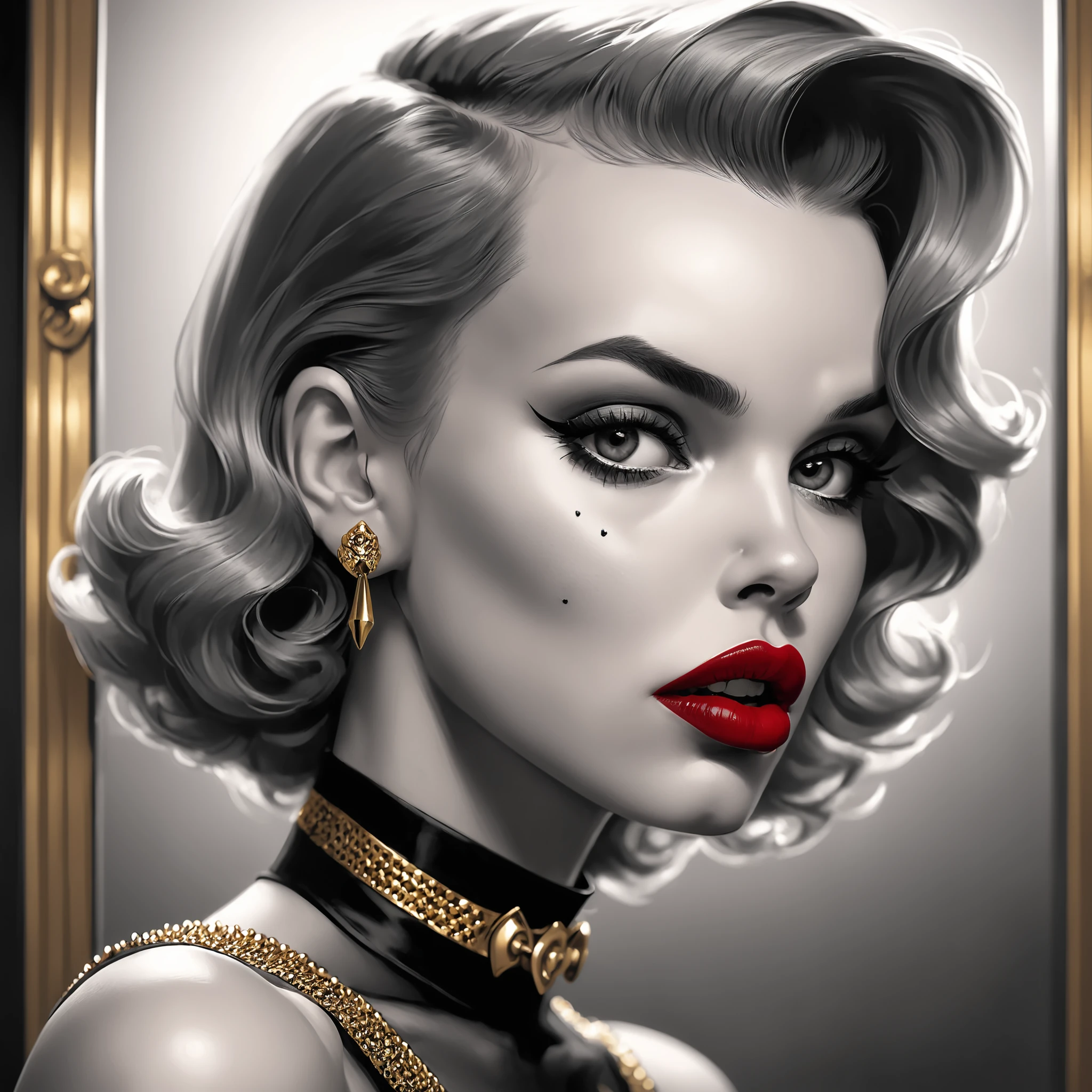 ethereal fantasy concept art of Gothic style Film noir style beautiful young woman,face close up,monroe piercing,red lipstick,gold trim, . Monochrome . Dark . magnificent