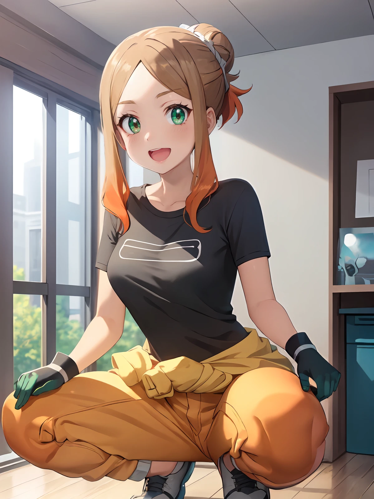 ((masterpiece,best quality)) (extremely detailed CG), (raytracing) (best quality), perfect face, shiny skin, lustrous skin, , depth of field,wide hips, narrow waist,  <lora:Orla-10:0.7>orla, brown hair, shirt, black shirt, green eyes, multicolored hair, short sleeves, sidelocks, gloves, clothes around waist, pants, orange pants, single hair bun, two-tone hair, hair bun,looking at viewer,squatting, :D