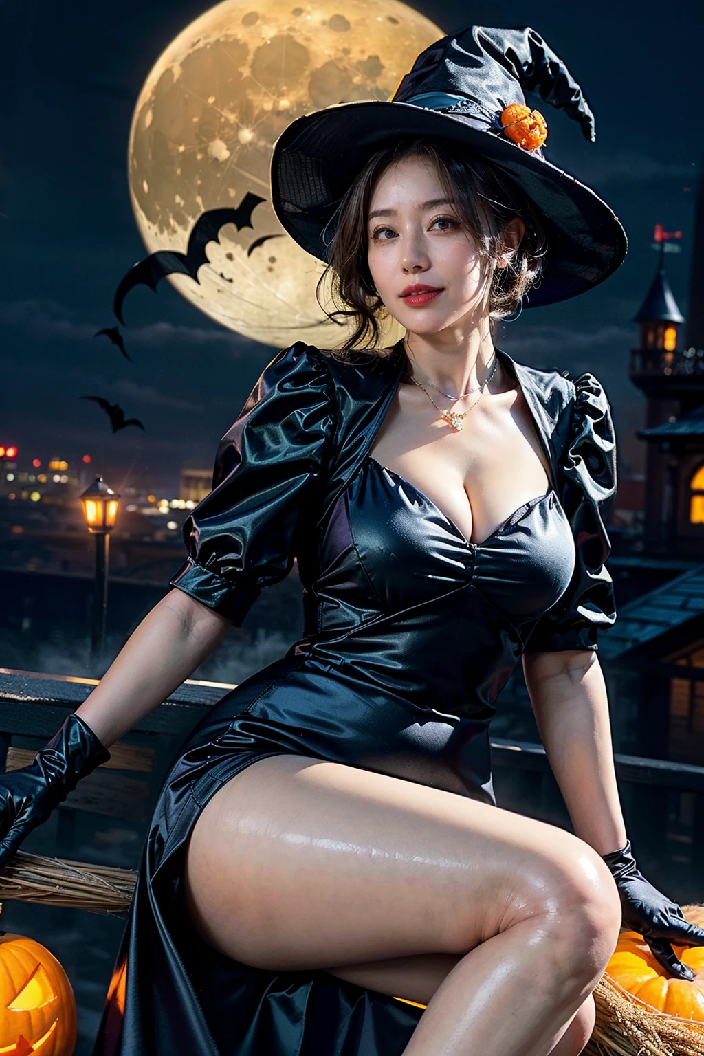 milf_saga, milf_saga_face, (8k, (RAW photo:1.2), (photorealistic:1.3), realistic, photorealistic, best quality, absurdres, depth of field, ultra high res, masterpiece, chromatic aberration:1.1)), nsfw, 1girl, solo, (looking at viewer:1.3), wavy hair, (close-up), curvy, shiny skin, slim waist, smile, teeth, necklace, breasts, cleavage, frills, floating hair, float in air, lace, ((broom riding, sitting on broom)), gloves, halloween, ((night, moon)), (witch hat, cosplay, witch costume, jack-o'-lantern, black dress, broom, cowboy shot, bat), pumpkin, castle, hill, fog  <lora:milfsaga_v3:0.9> <lora:add_detail:1>