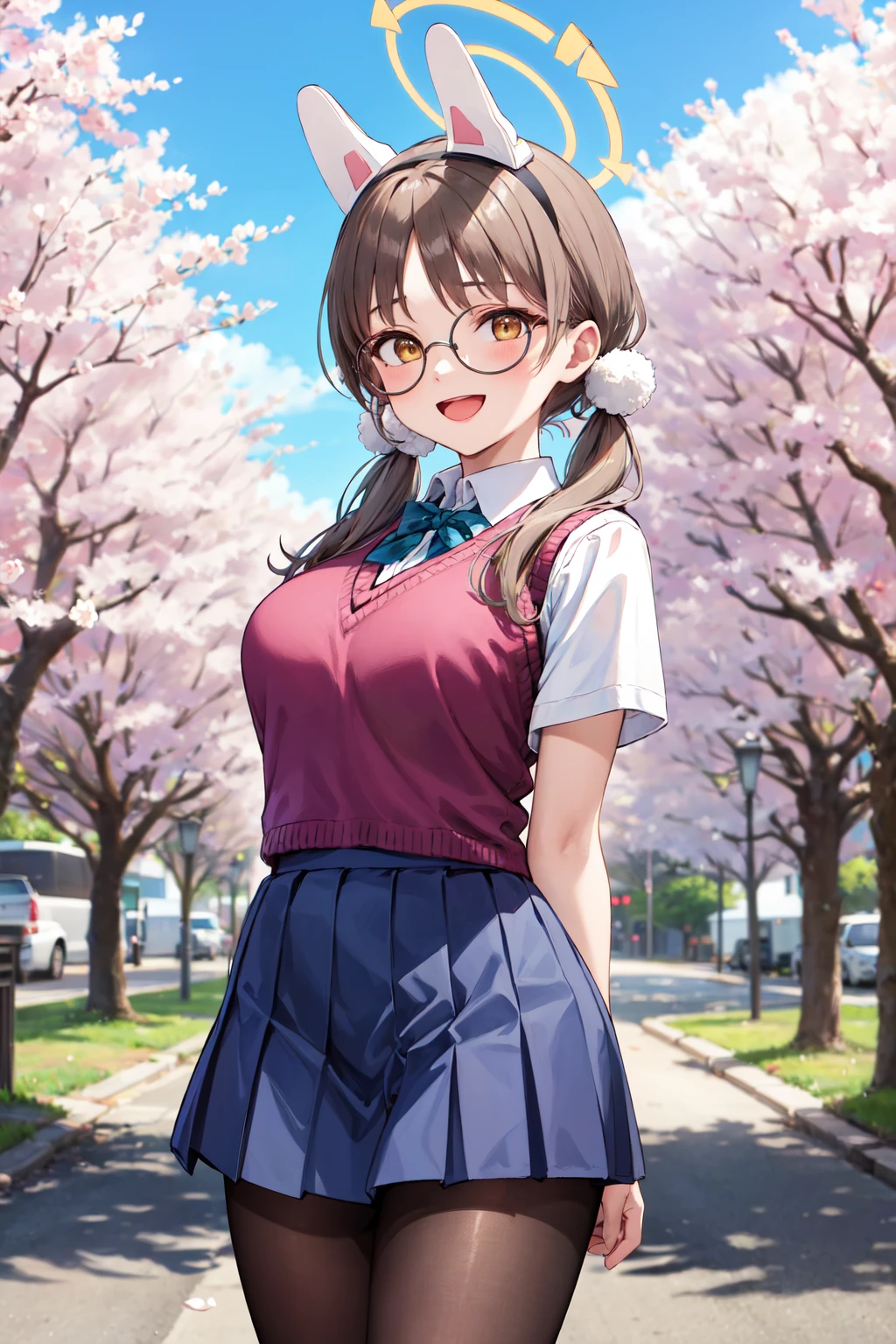 masterpiece,best quality,highres,ultra-detailed,aamoe,halo,fake animal ears,rabbit ears,glasses,round eyewear,long hair,low twintails,pom pom hair ornament,bangs,large breasts,<lora:moe_(blue_archive):0.6>,pantyhose,outdoors,cherry blossoms,street,(school uniform:1.2),sweater vest,:d,arms_behind_back,