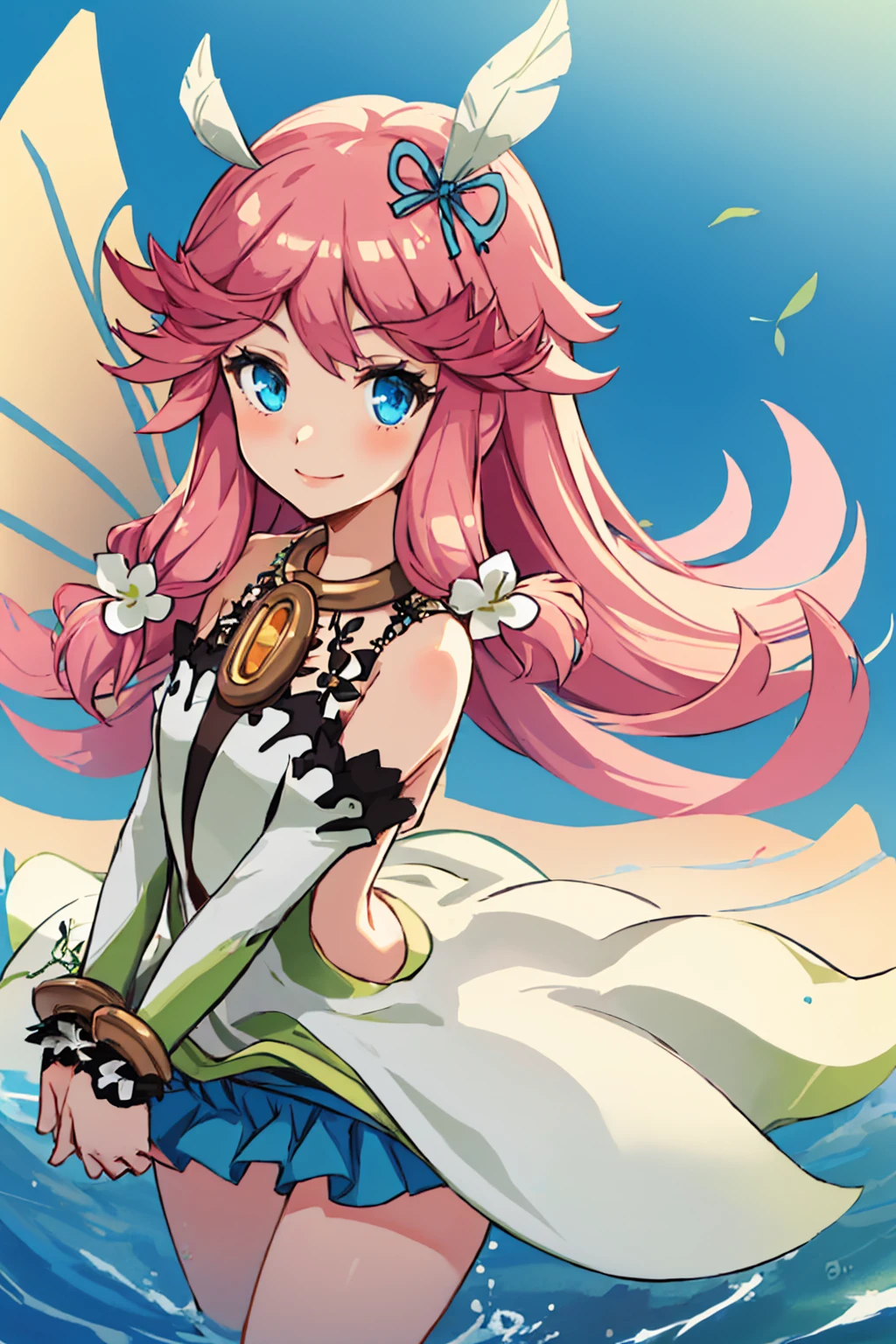 (masterpiece, best quality:1.2), solo, 1girl, notte, smile, looking at viewer, hair flower, dress, detached sleeves, skirt, fairy wings <lora:dragalialost_notte-15:1>