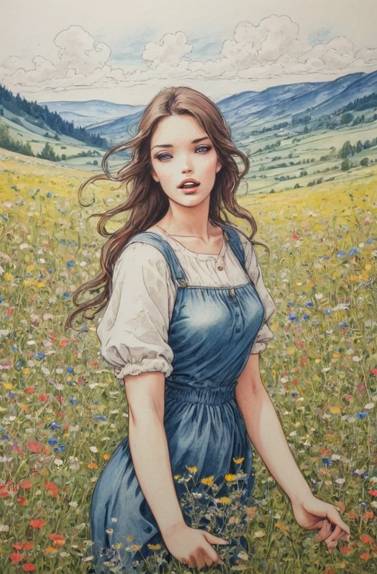 <lora:Milo_Manara_Style XL:1> masterpiece of traditional media, intricate details, best hand-drawn quality, young woman, mlmnr style, colorfull hand-drawn Fields of Wildflowers full of busy people