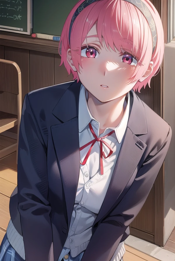 renanatsukawa, <lora:rena natsukawa manga-lora-nochekaiser:1>,
rena natsukawa, short hair, hairband, pink hair, (red eyes:1.3), red hairband,
BREAK skirt, shirt, jacket, collared shirt, neck ribbon, jacket on shoulders, white shirt, cardigan, blue cardigan, blue jacket,
BREAK indoors, classroom,
BREAK looking at viewer, (cowboy shot:1.5),
BREAK <lyco:GoodHands-beta2:1>, (masterpiece:1.2), best quality, high resolution, unity 8k wallpaper, (illustration:0.8), (beautiful detailed eyes:1.6), extremely detailed face, perfect lighting, extremely detailed CG, (perfect hands, perfect anatomy),