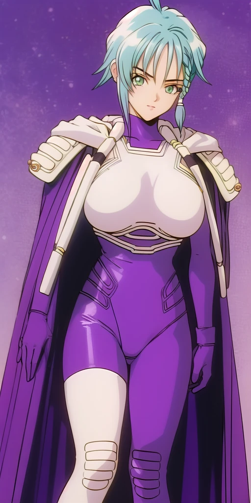 <lora:aoi_karinV2:1> aoi_karin, huge_breasts, standing, solo, Purple_bodysuit_White_Pauldrons_White_breastplate_Asymmetrical_legwear_White_thighhighs_hood_down_Purple_Cape, masterpiece, best quality, detailed face, detailed eyes, highres,