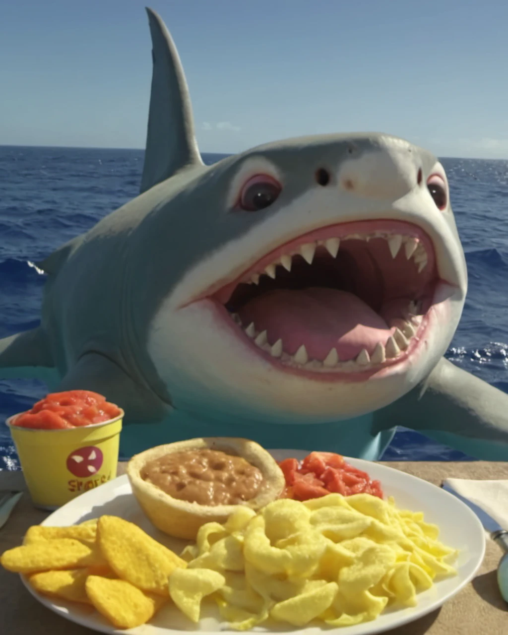 sun being eated by a shark,epic,masterpiece,best quality <lora:teletubbiesxl:0.6>,teletubbiesxl
