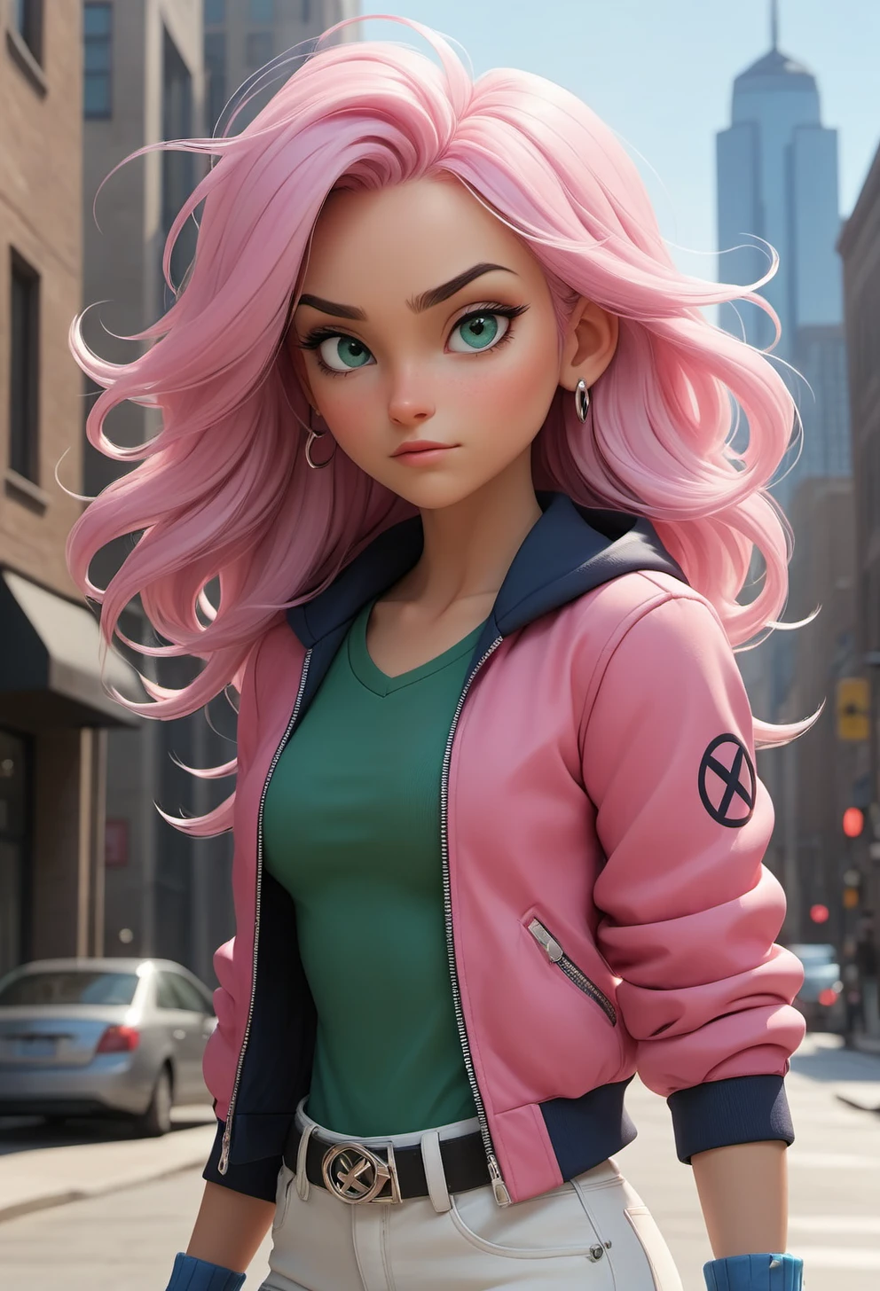 RCNZ_SDXL_Style cartoon (masterpiece, best illustration, extreme light and shadow), (1boy:.6), solo, (non binary:.8), (girl focus:.7), (mature:.9), transgender female, white hair, two tone hair, jacket, blue jacket, pink gloves, pink eyes, white hair, headband, white denim jeans, multicolored hair, blue headband, multicolored clothes, hair behind ear, long hair, green bodysuit, looking at viewer, open jacket, yellow jacket, arm up, multicolored bodysuit, goth eye liner, wristband, emo punk style, (punk:1.5), jewelry,(dynamic angle), (two fingers showing a peace sign, hand up), depth of field, tattoos, (downtown minneapolis:2),, (best sunlight:.8), (lens flare:.9), (fantasy scene:1.3), (superhero:.4), (rogue of the x-men:1.2), wind swept hair, (conservative clothing:.3), (sidelighting), (volumetric lighting) <lora:RCNZ_SDXL_Style-000010:0.4> <lora:add-detail-xl:1.5>