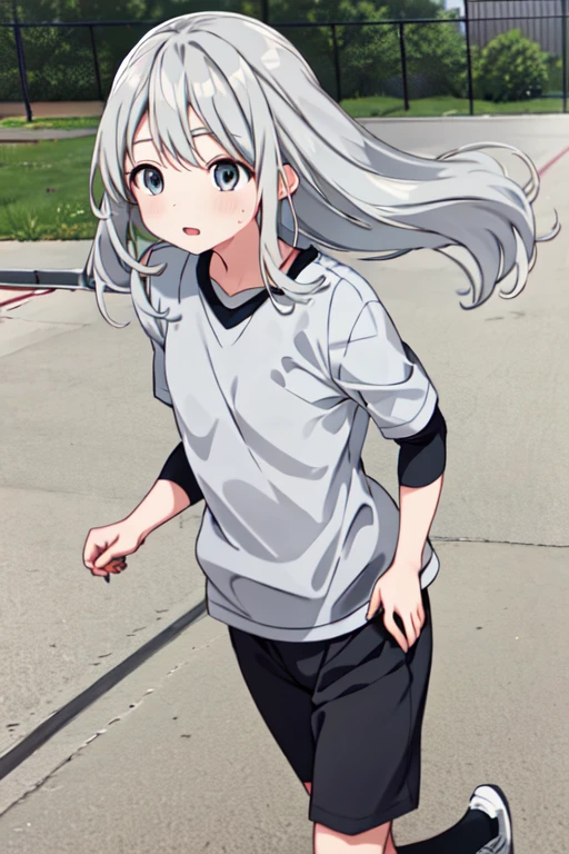 <lora:HotaruHiraiwaR4:0.7>, HotaruHiraiwaR4, 1girl, grey hair, grey eyes, sport clothing running, long hair,