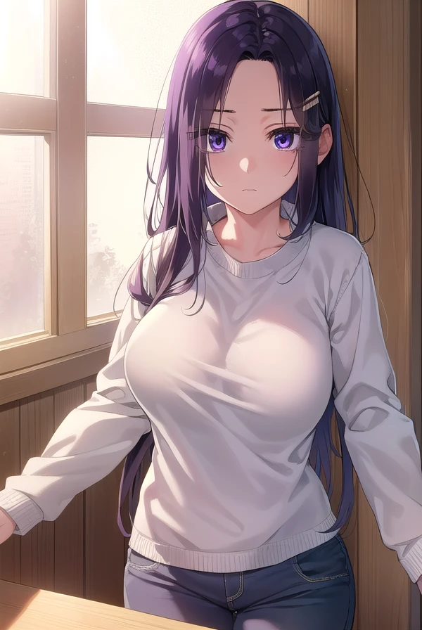 sayuriakino, <lora:sayuri akino manga-lora-nochekaiser:1>,
sayuri akino, long hair, hair ornament, hairclip, purple hair, (purple eyes:1.1), (forehead:1.2),
BREAK shirt, white shirt, collared shirt, sweater, black sweater,
BREAK indoors, classroom,
BREAK looking at viewer, (cowboy shot:1.5),
BREAK <lyco:GoodHands-beta2:1>, (masterpiece:1.2), best quality, high resolution, unity 8k wallpaper, (illustration:0.8), (beautiful detailed eyes:1.6), extremely detailed face, perfect lighting, extremely detailed CG, (perfect hands, perfect anatomy),