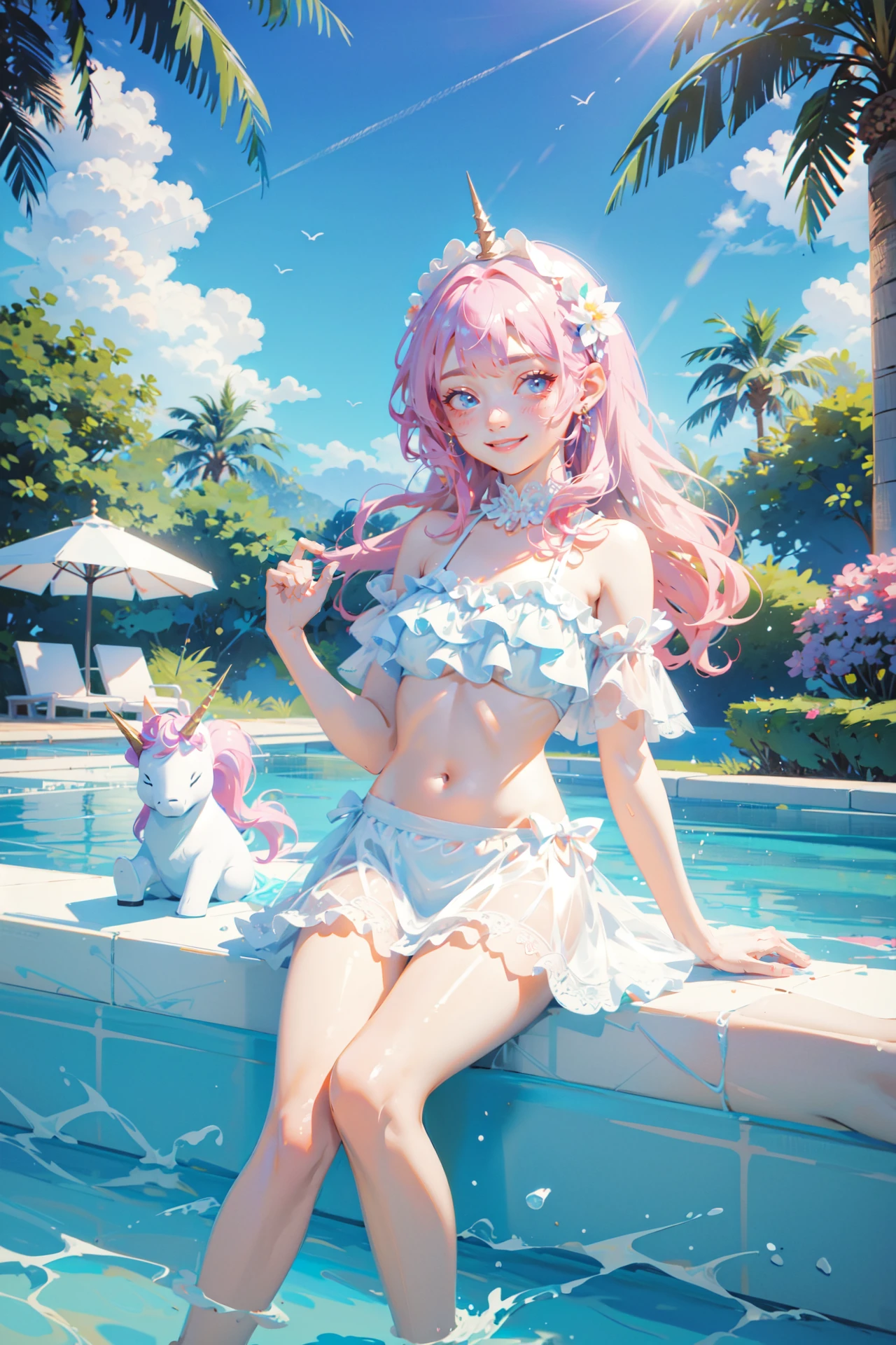 ((best quality, masterpiece, absurbres, super-resolution)), In the pool in the garden of the resort, 1girl, lacey frill bikini, smile, having fun, joyful, summer, sunshine, kawaii unicorn float, barefoot, pool party