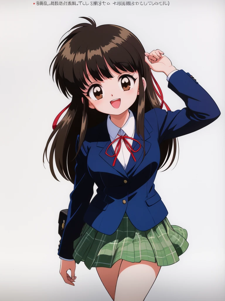 <lora:ByouinjiYunna:0.8>ByouinjiYunna, 1girl, solo, skirt, retro artstyle, brown eyes, long hair, 1990s (style), black hair, open mouth, smile, school uniform, ribbon, jacket, green skirt, long sleeves, blazer, red ribbon, plaid, bangs