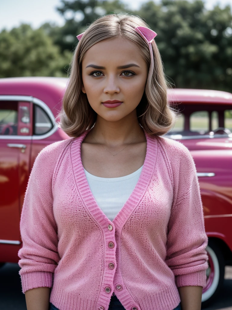 racha311i3ghc00k, full body, outside 1950's drive in restaurant, posing in the parking lot, 1950's style cars in the background, pink cardigan, white blouse, hairclip, upper body, <lora:Rachael_Leigh_Cook_PMv1_Lora:1.3>,, RAW candid cinema, 16mm, color graded portra 400 film, remarkable color, ultra realistic, textured skin, remarkable detailed pupils, realistic dull skin noise, visible skin detail, skin fuzz, dry skin, shot with cinematic camera, ((Cinematic Still-Shot))