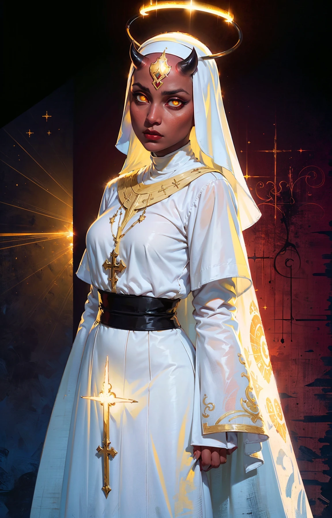pictorialist style photo of a oni girl, <lora:0n1 - RedOni:0.2>, (1girl:2.0), solo:2.0), (nun;1.8), (habit:1.7), (oni:1.5), (oni horns:1.5), (dark red skin:1.5), (yellow eyes:1.7), (glowing eyes:1.7), (radiant halo:1.8), (black nun uniform:1.75), (neckerchief:1.8), (black veil:1.5), (white cap:1.5), (black cape:1.5), (black habit:1.8), (sleeves of blouse:1.5), (habit skirt:1.5), (black robe:1.5), (fully clothes:1.5), upper body framing, full body, (dark room background:1.5), (mosque at night background:1.5), starry background, (god rays:1.5), chiaroscuro, cinematic lighting in style of Alex Timmermans, intricate elegant, fantasy, detailed, ometric by greg rutkowski and alphonse mucha, gradient lighting, <lora:bichu-v0612:0.3> <lora:oil_painting:0.4> <lora:BaldifierW2:1.5> <lora:coloredSkin-08:0.7>