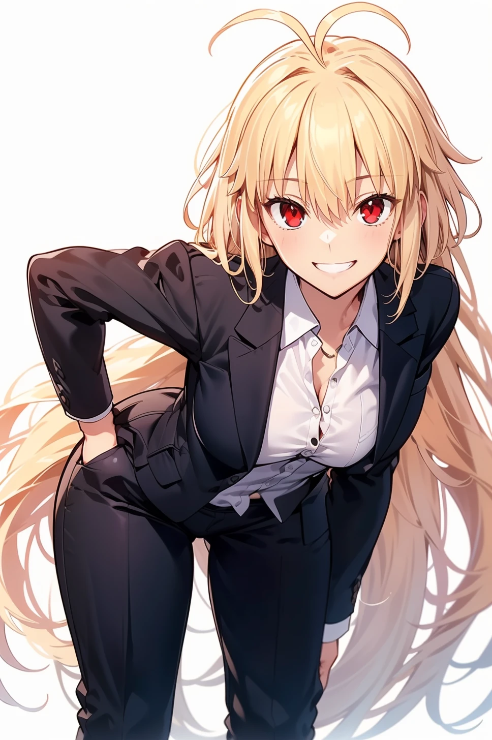 arcueid, blonde hair, red eyes, long hair, very long hair, bangs, ahoge, sidelocks, looking at viewer, white background, office lady, business suit, hands on pocket, black pants, leaning forward, smile, grin