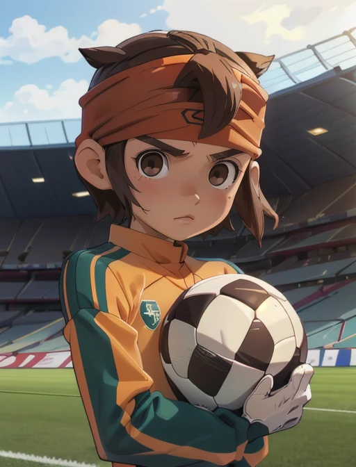 best quality, masterpiece, highres, detailed, digital artwork, <lora:Detail - add_detail:0.2>, EndouMamoru, 1boy, brown hair,  short hair, brown eyes, sportswear, raimon, headband, upper body, long sleeves, white gloves, stadium, field, :|, jojo pose, catching soccer ball, <lora:Character - EndouMamoru:0.9>