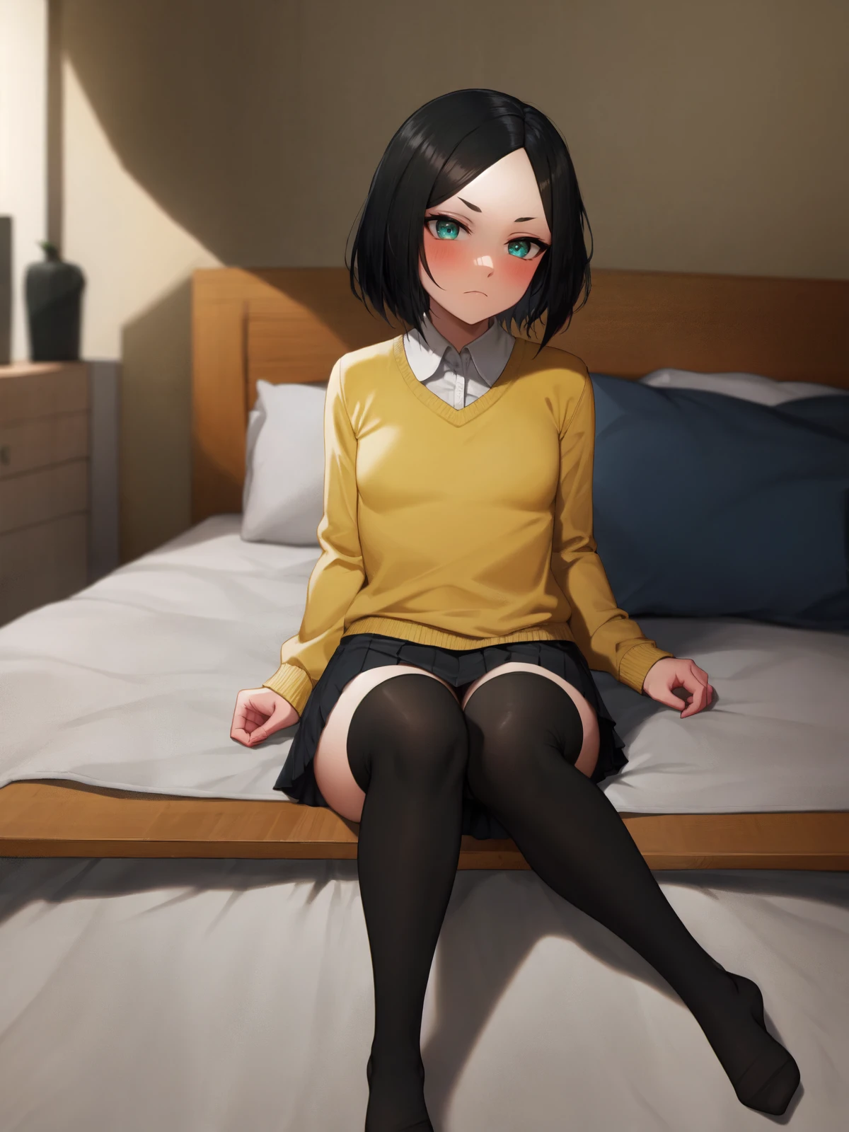 SLE, mksks style, detailed background absurdres, highres, chromatic aberration, (full body), <lyco:GoodHands-beta2:1.0>,
BREAK solo, 1girl, <lora:Reginleif:1>, reginleif, parted bangs, forehead, small breasts,
BREAK yellow sweater, ribbed sweater, long sleeves, white shirt, collared shirt, black skirt, leather skirt, black thighhighs, no shoes,
BREAK sitting, on bed, frown, blush, looking at viewer,
BREAK bedroom, bed, bed sheet, pillow house, indoors, sunlight