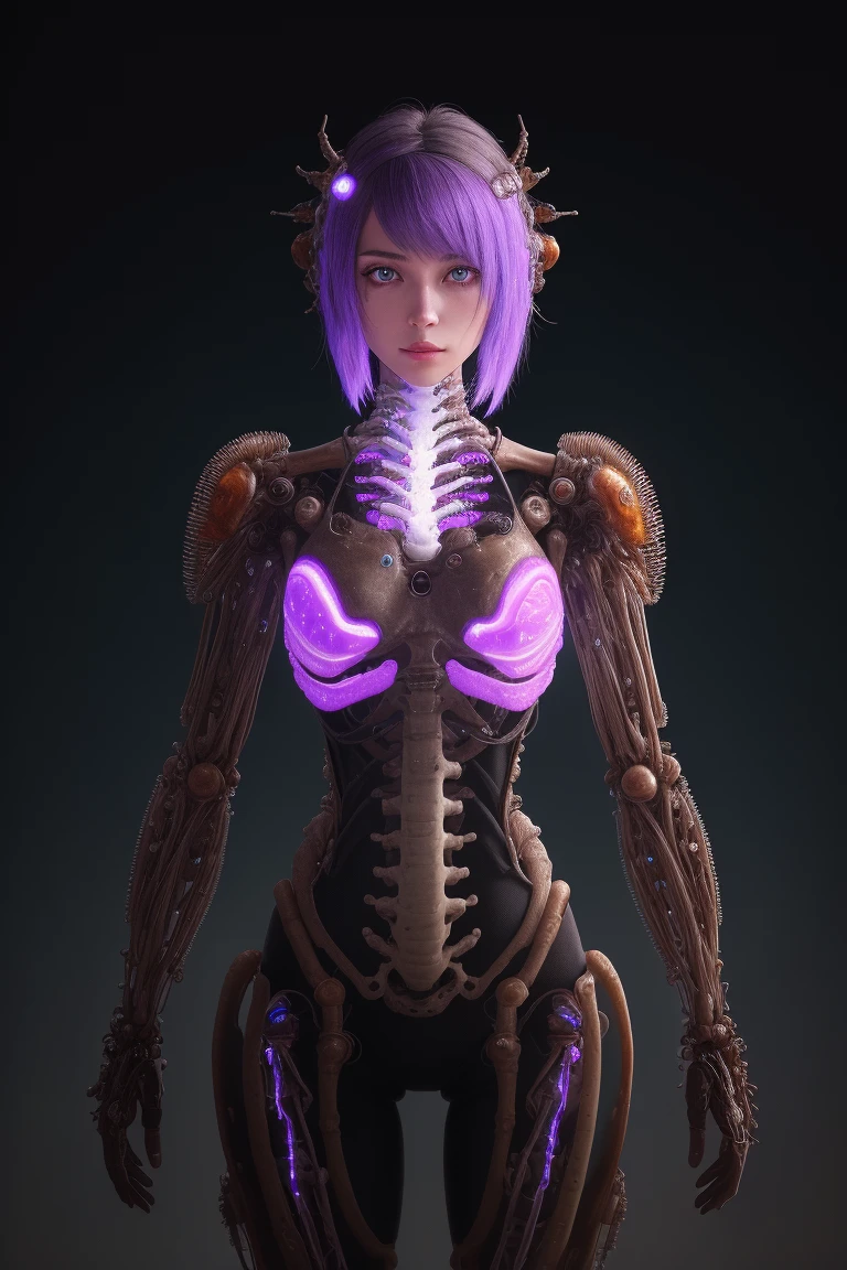 A digital painting depicting a young woman living in the bio-punk world maintaining humanity, Bio punk, a world where man and machinery are melded through biological organisms, biomechanical, hive mind, repurposed muscles, enhanced sensory organs, enhanced limbs, armor made from bone and chitin, high definition, volumetric lighting, bioluminescence, high visual impact