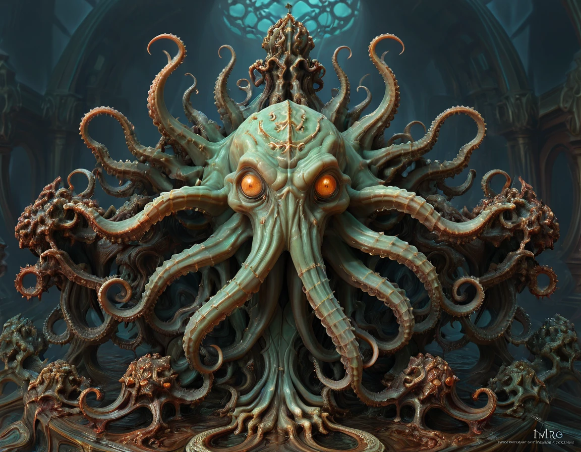 "surrealist art (cthulhu:1.0) m3d . dreamlike, mysterious, provocative, symbolic, intricate, detailed", "(cthulhu:1.0) m3d, extremely detailed digital painting, in the style of fenghua zhong and ruan jia and jeremy lipking and peter mohrbacher, mystical colors, rim light, beautiful lighting, 8 k, stunning scene, raytracing, octane, trending on artstation"