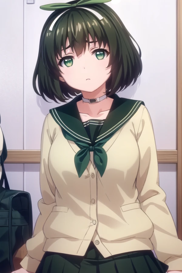 kanaehokari, <lora:kanae hokari ova-lora-nochekaiser:1>,
kanae hokari, short hair, black hair, ribbon, hair ribbon, (green eyes:1.5),
BREAK skirt, school uniform, serafuku, collar, cardigan, black skirt, black sailor collar,
BREAK indoors, classroom,
BREAK looking at viewer, (cowboy shot:1.5),
BREAK <lyco:GoodHands-beta2:1>, (masterpiece:1.2), best quality, high resolution, unity 8k wallpaper, (illustration:0.8), (beautiful detailed eyes:1.6), extremely detailed face, perfect lighting, extremely detailed CG, (perfect hands, perfect anatomy),