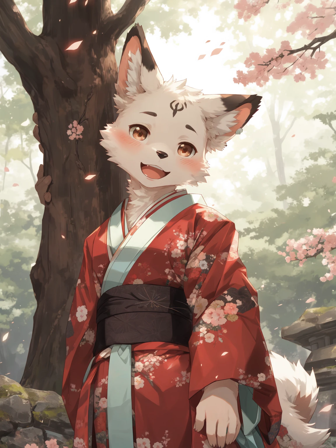 depth of field, perfect lighting, light particles,(best quality),(masterpiece),(ultra detailed),sharp focus,light particles, niji, detailed eyes, blush, brown_eyes, looking_at_viewer, smile, solo, furry, animal_ear_fluff, open_clothes, arms behind back, upper body, tail, kimono, japanese clothes, sunlight, tree, open mouth, from below, arms behind back, male, 1 boy