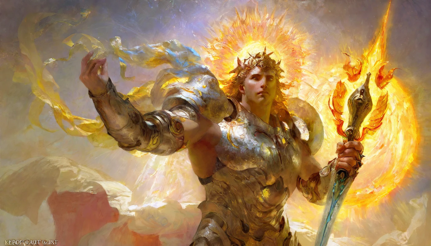 kerokeyart,
A god stood in the sun, covered in armor and holding a magical weapon in his hand.
Best quality and rich in detail <lora:kerokeyart :1>