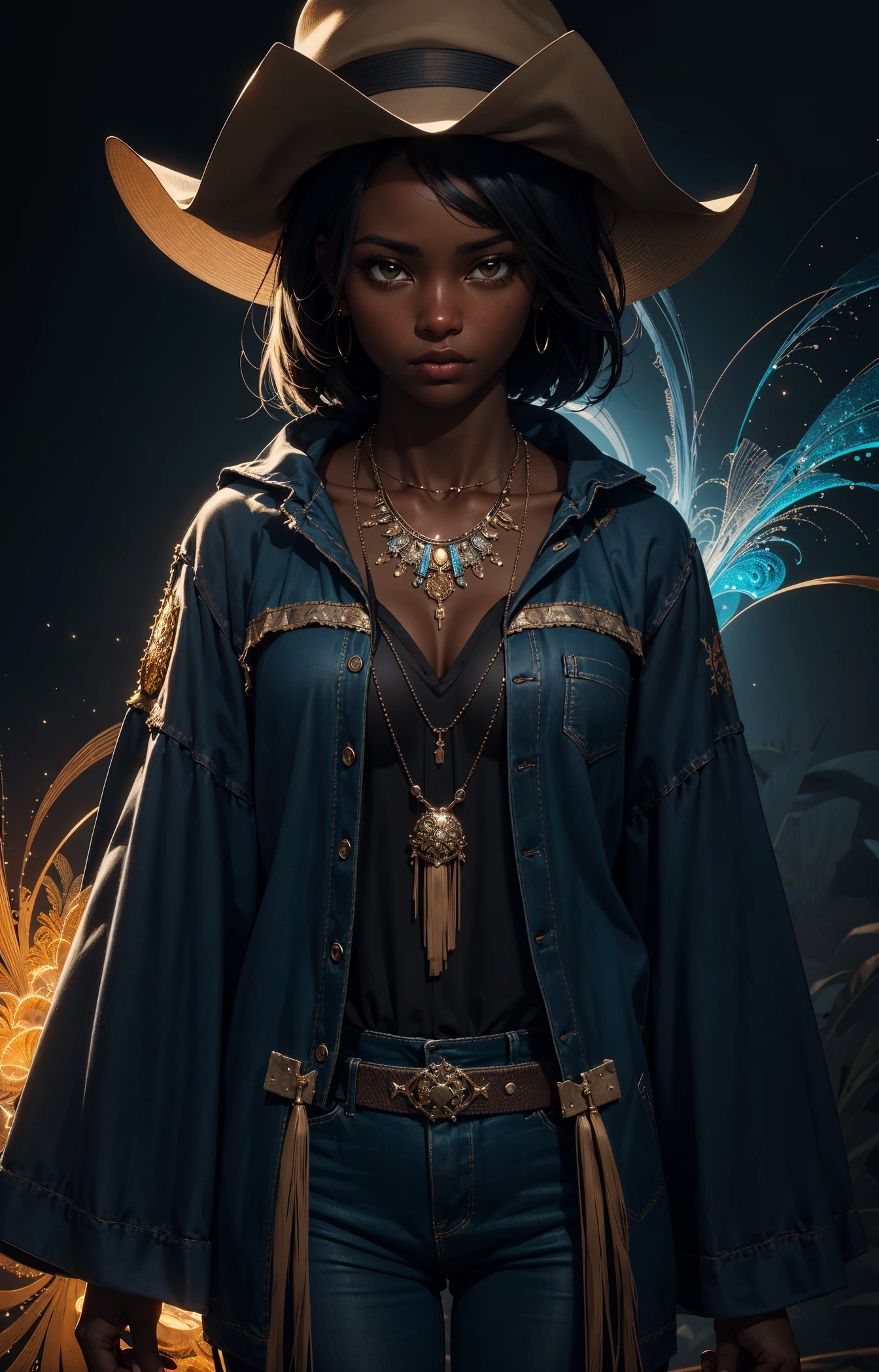 masterpiece,best quality,ultra high res,1 dark skinned African girl,(fractal art:1.3),deep shadow,dark theme,fully clothed,necklace,forlorn,cowboy shot,